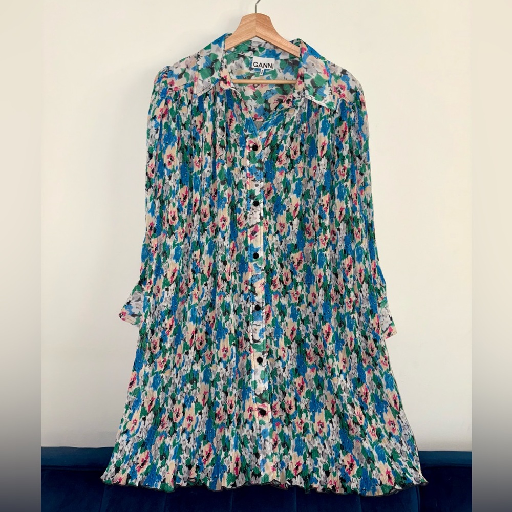 Ganni Pleated Georgette Long Sleeve Mini Dress in Floral Azure Blue
